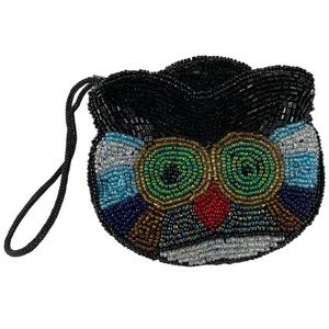 Hand-Beaded Rainbow Owl Glass Beads Metallic Coin Purse Wallet Wrist Clutch Boho